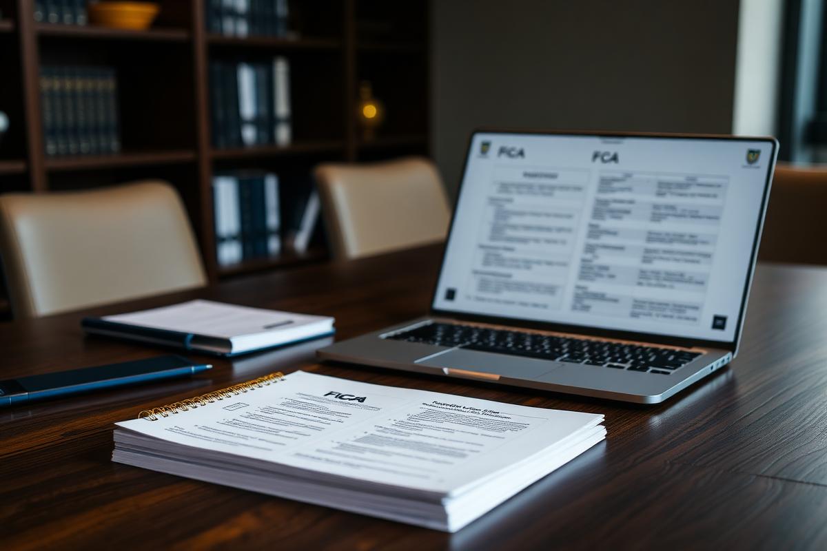 FCA application pack and laptop on a desk in a London office